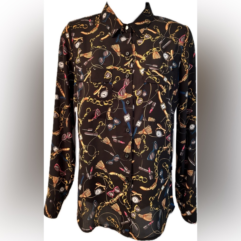 Black Multi-print long sleeve Blouse Lipstick Sunglasses Clocks & Tassels 💄 🕶️